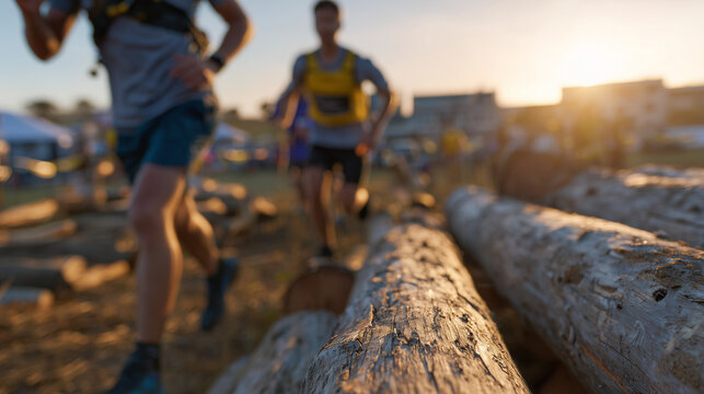 Wide shot of obstacle race track with rows of horizontal logs bathed in warm sunset light, athletes in motion climbing, jumping, and pushing limits in challenging fitness competiti