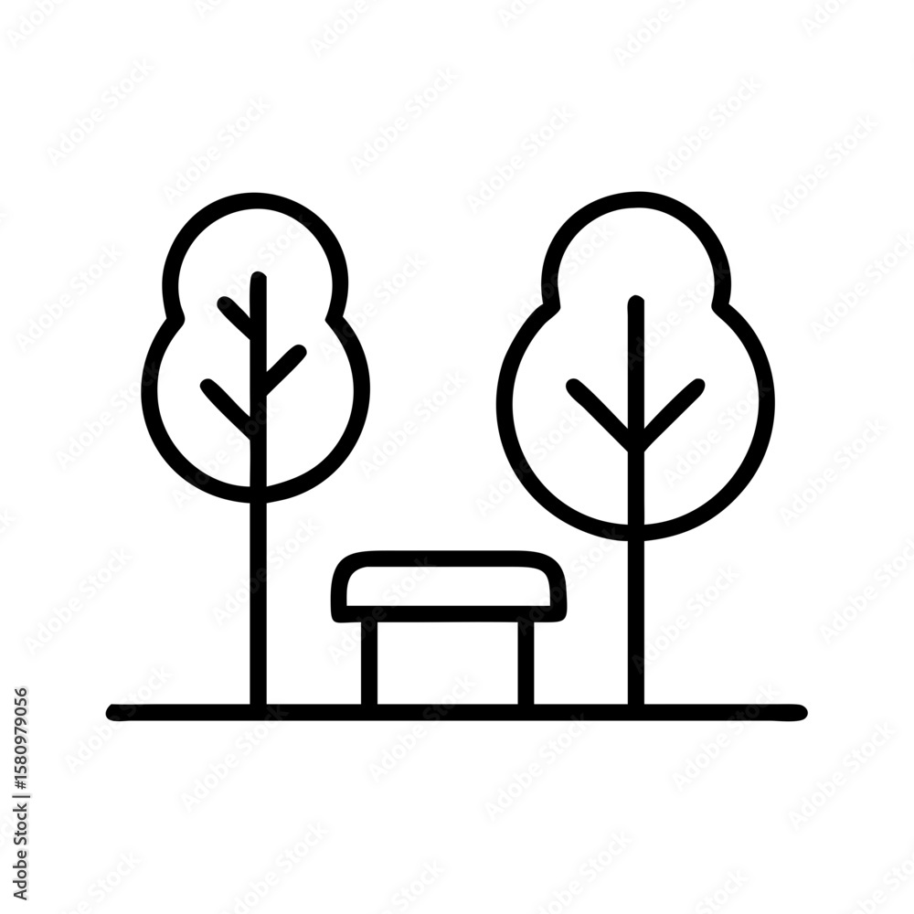 Poster park bench trees outline vector icon simple design for landscape architecture and urban planning
