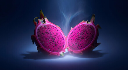 Exotic dragon fruit halves showcase vibrant colors and textured details beautifully lit