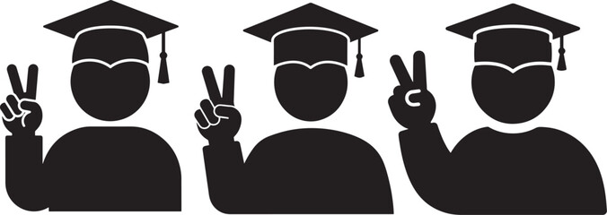 Three graduates in caps and gowns celebrating with peace signs silhouette