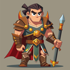 Obraz premium A cartoon warrior with a spear and ornate armor ready for battle in a stylized fantasy setting