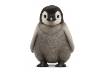 Adorable baby penguin wearing fluffy gray plumage, black and white facial markings, standing against transparent backdrop highlighting soft details