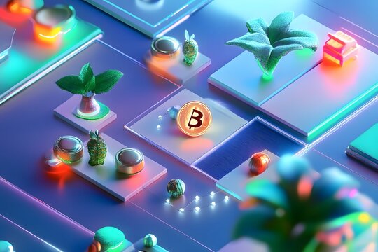 3D illustration of decentralized finance ecosystem with icons of yield farming, DEXs, and stablecoins.