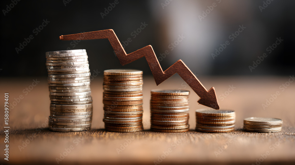 Poster stack of coins next to a downward curve symbolizing the loss of value of money due to inflation