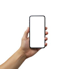 Well-groomed adult hand, neutral skin, holding a sleek modern smartphone with transparent blank screen, isolated on vibrant bright purple background, perfect studio lighting, product photography,