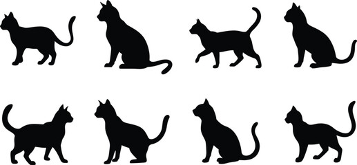Black Cat Silhouettes in Multiple Poses Vector Set. 