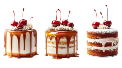 Three elegant dripping cakes with cherries on top