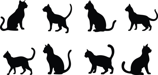 Black Cat Silhouettes in Multiple Poses Vector Set. 