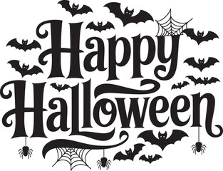 Happy Halloween Vector Art Spooky Bats and Webs in Monochrome Graphic Design for Halloween Decor, Cards, and Invitations, perfect for scary season!
