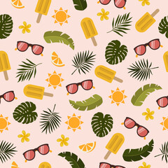 Hand drawn vector seamless pattern with tropical leaves, ice-cream and sunglasses. Colorful summer background in flat style. Wallpaper with flowers, sun and orange pieces