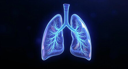 Human lungs illustrated with blue glowing structure on dark background  