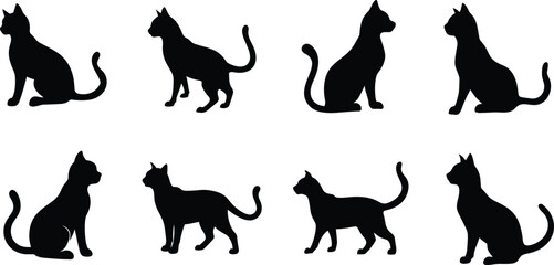 Black Cat Silhouettes in Multiple Poses Vector Set. 