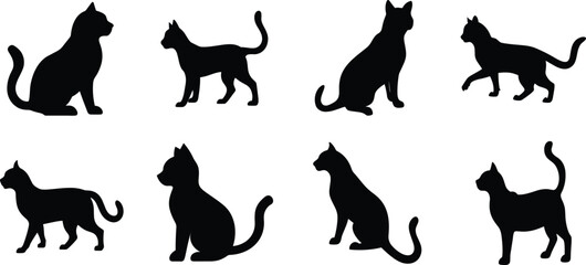Black Cat Silhouettes in Multiple Poses Vector Set. 