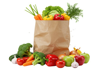 Overstuffed brown paper grocery bag overflowing with dewy fresh vegetables and fruits like broccoli, bell peppers, carrots, tomatoes, apples, lettuce, onions, garlic, spilling onto a clean, seamless,