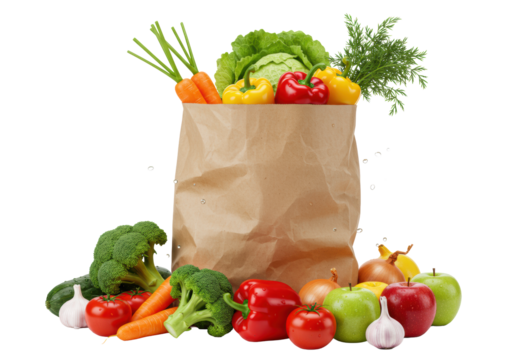 Overstuffed brown paper grocery bag overflowing with dewy fresh vegetables and fruits like broccoli, bell peppers, carrots, tomatoes, apples, lettuce, onions, garlic, spilling onto a clean, seamless,
