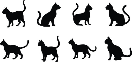 Black Cat Silhouettes in Multiple Poses Vector Set. 