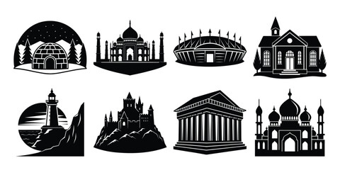 Silhouettes of various buildings and structures on a white background