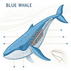 Detailed Blue Whale Anatomy Illustration with Labeled Internal Structures and Side View

