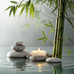 Zen Stones, Bamboo Stalks, and Lit Candle on Water Surface for Relaxation and Meditation

