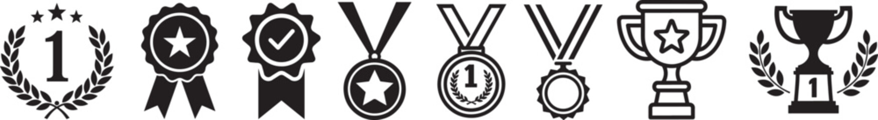 Collection of award and achievement icons including trophies medals ribbons and laurels isolated on transparent background