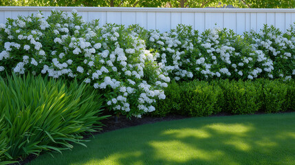 Spirea hedge in full bloom with pure white flowers cascading over branches, green leaves rich and glossy, sunlight dappling through leaves creating playful light spots on grass bel
