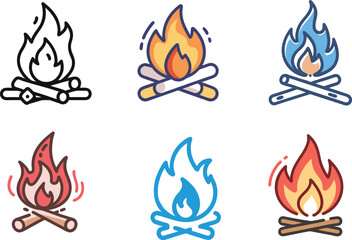 Set of Colorful Campfire Icons for Outdoor Design.