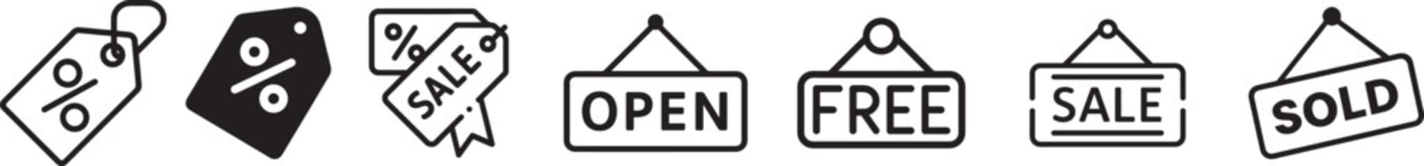 Collection of retail and business signage icons including sale tags open free sale and sold signs