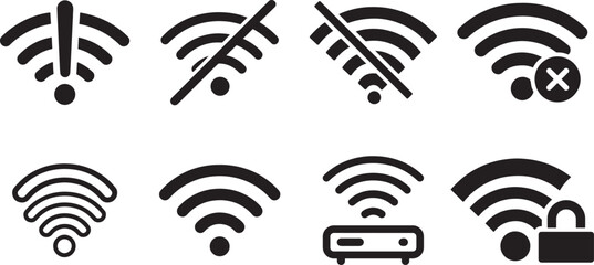 Collection of eight black wireless wifi signal icons representing different connection statuses and security isolated on transparent background
