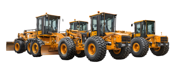 Isolated High-Resolution Detailed Four motor graders shown in a versatile design element, digital artwork, ideal for web banners and video overlays, digital downloads, professional graphics