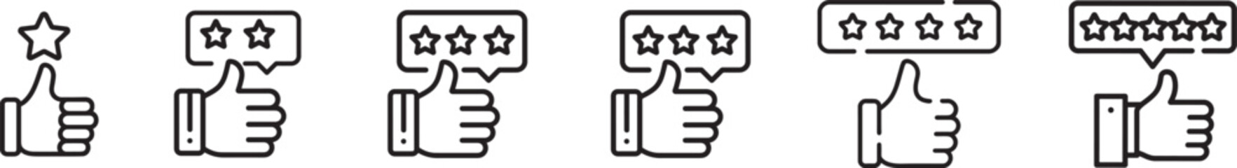 Set of five thumbs up icons with increasing number of stars indicating customer satisfaction and rating isolated on transparent background