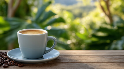 Warm early light illuminates espresso cup, ceramic matte surface glowing against wooden table, coffee beans arranged casually nearby, lush green coffee bushes blurred softly behind