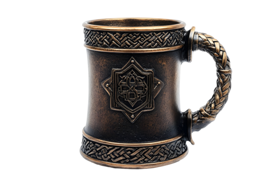 Vintage celtic style mug with ornate handle and intricate design