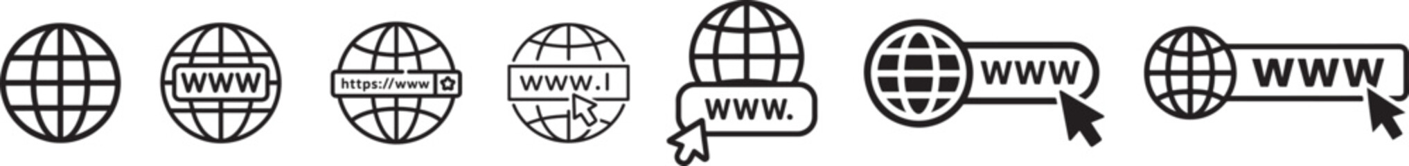 Collection of internet and world wide web icons representing online browsing and connectivity isolated on transparent background