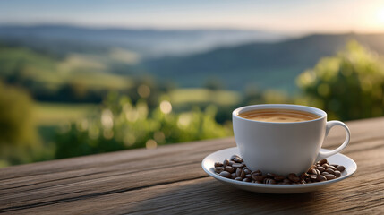 Cozy morning scene with espresso cup and beans on aged wooden tabletop, sunlight streaming softly, misty coffee plantation hills behind out of focus, evoking calm and peaceful vaca