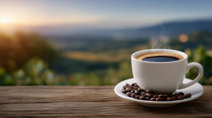 Espresso cup steaming warmly on natural wood surface, morning light catching highlights on dark liquid and shiny beans, expansive coffee farm blurred into serene dawn landscape
