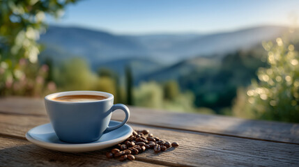 Cozy morning scene with espresso cup and beans on aged wooden tabletop, sunlight streaming softly, misty coffee plantation hills behind out of focus, evoking calm and peaceful vaca
