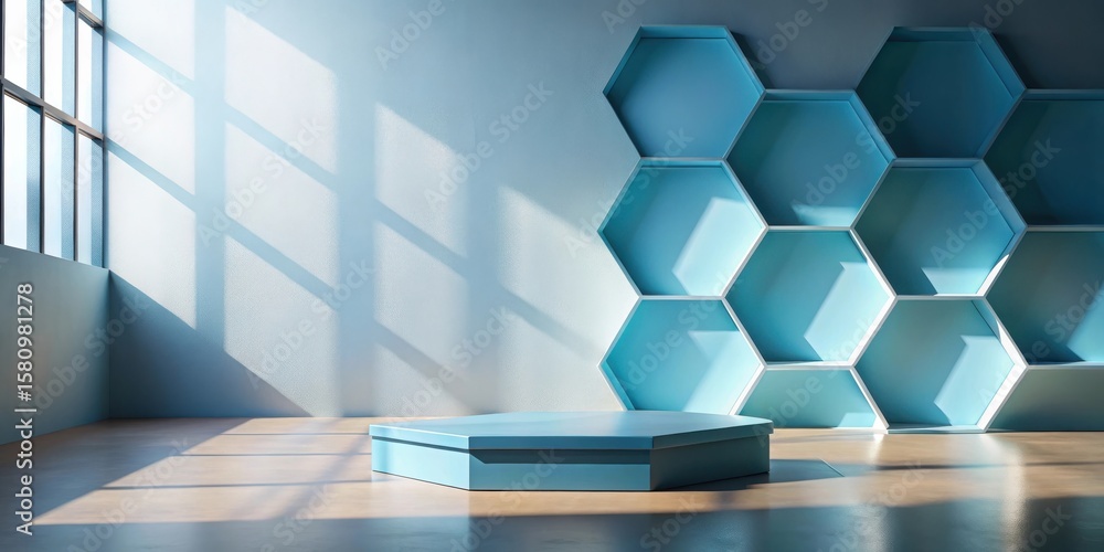 Aufkleber sunlit hexagonal shelves and display platform in a modern room