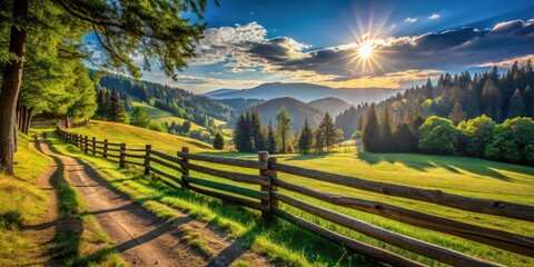Serene Sunset Over Rolling Hills and Lush Green Pastures with a Rustic Wooden Fence and a Dirt Path