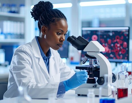 scientist looking through microscope