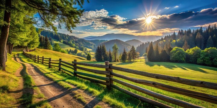 Serene Sunset Over Rolling Hills and Lush Green Pastures with a Rustic Wooden Fence and a Dirt Path - Powered by Adobe