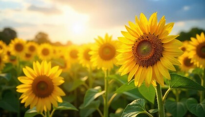 Fototapeta premium Sunflowers Basking in Golden Sunlight A Vibrant Summer Field of Joyful Growth and Peaceful Serenity. Perfect for nature, happiness, and summer themes.