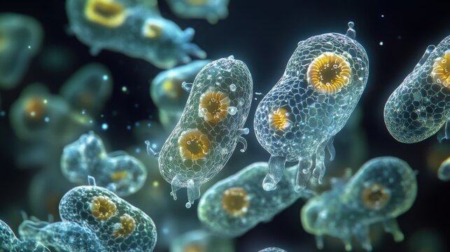 Detailed microscopic view of single-celled organisms.