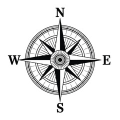 Black and white compass rose illustration with cardinal directions © MDMINTU