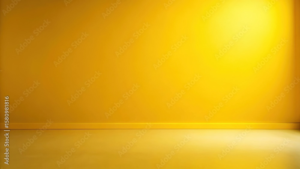 Poster a vibrant yellow room interior with a subtle light source illuminating the floor and wall, creating 