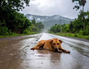 Dog resting on wet road in countryside