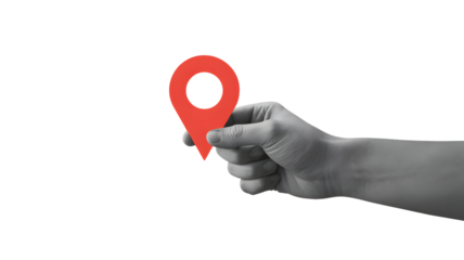 
Collage hand holding location tag isolated on transparent background 