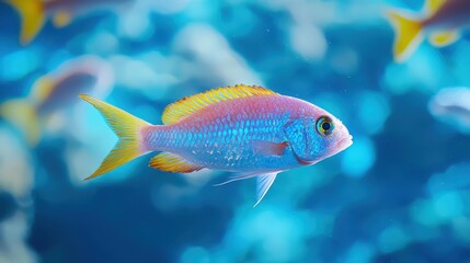 Naklejka premium Vibrant Freshwater Fish Swimming Among Colorful Aquatic Environment in Clear Blue Water with Bubbles and Stunning Background Effects
