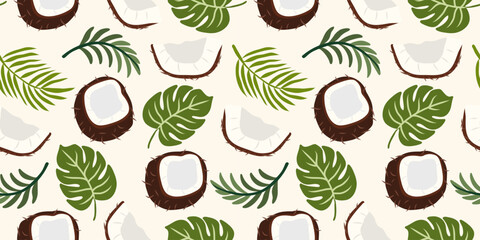 Tropical coconut seamless pattern, exotic palm leaves background, summer fruit design, jungle foliage vector, beach vibe decor, coconut slice, flat illustration, green leaf repeat backdrop