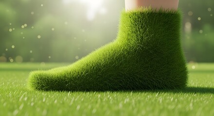 A human foot intricately formed from lush green grass, with visible roots connecting it to the earth. This powerful visual metaphor represents connection to nature