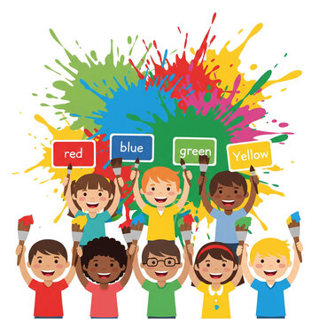 Children learning colors with paint and color cards
